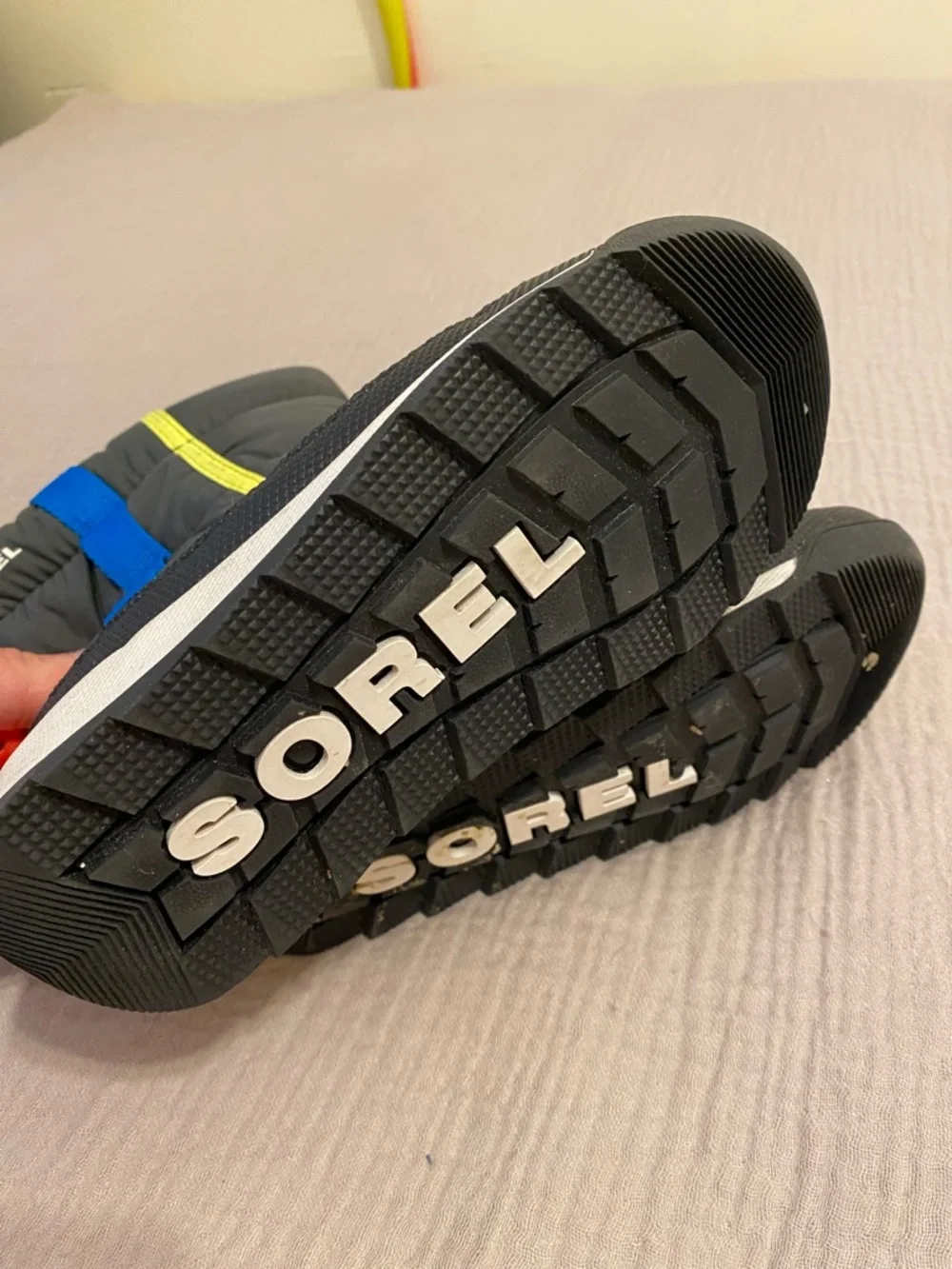 Sorel Kids Black Snow Boots with Yellow, Blue & Red Accents. Size 12